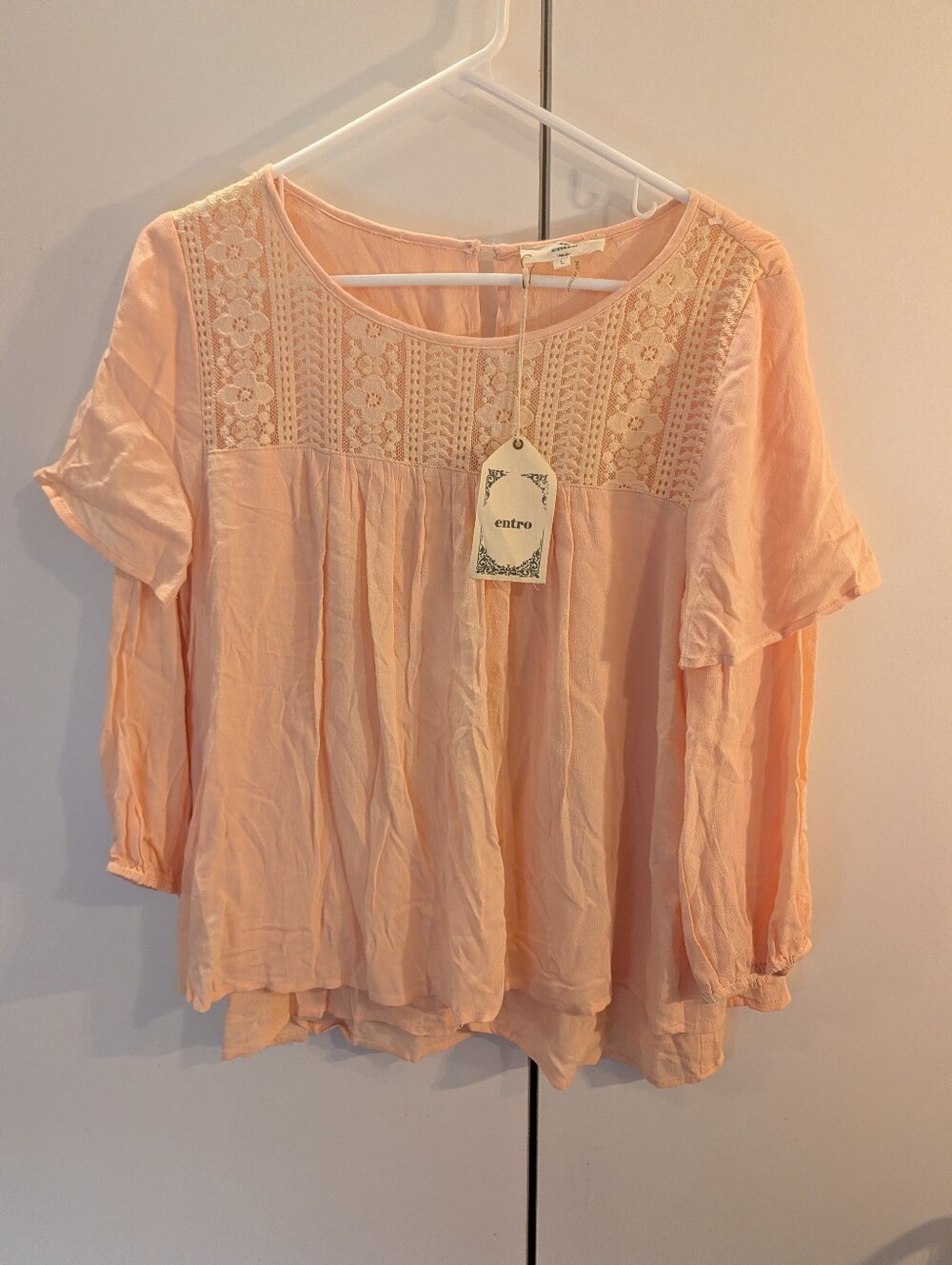 Entro Peach Crochet Yoke Peasant Blouse Woman's L NWT